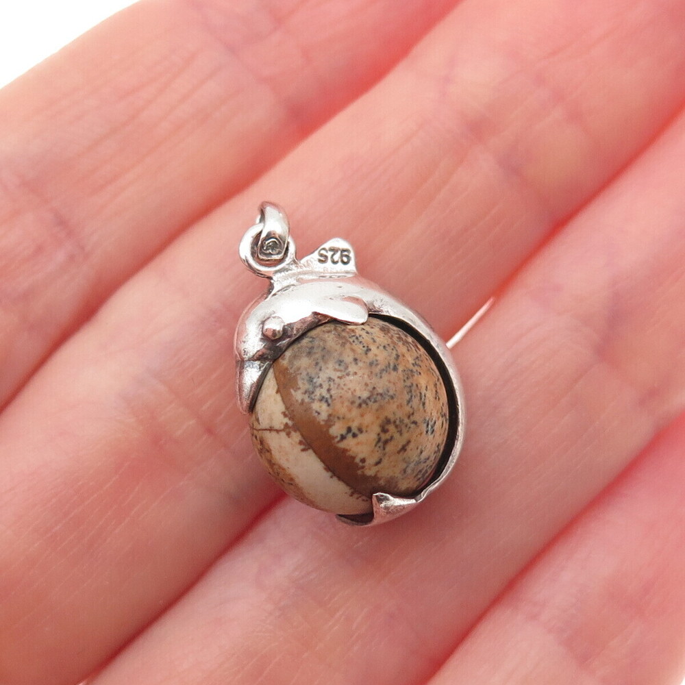 925 Sterling Silver Vintage Real Jasper Dolphin Mini Charm Pendant